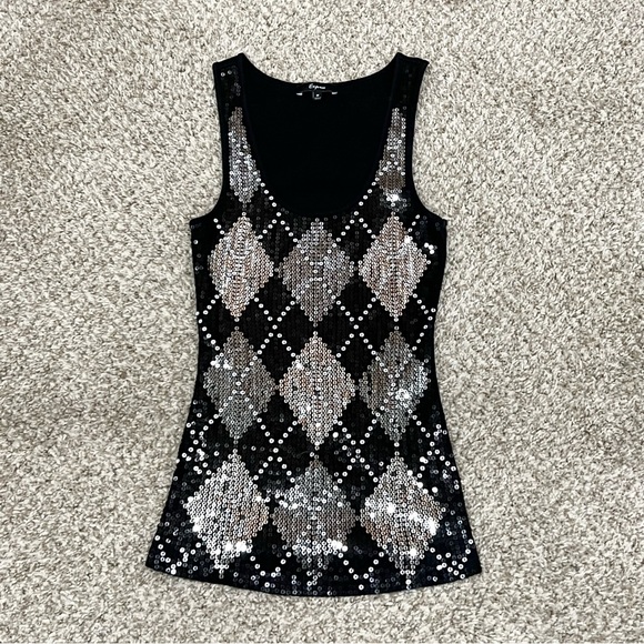 Vintage Y2K 2000s mcbling old express sequins argyle tank top - Picture 1 of 5